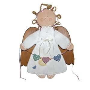 Handmade Wooden Angel Wall Hanging Folk Art Decor Hearts Garland 13"